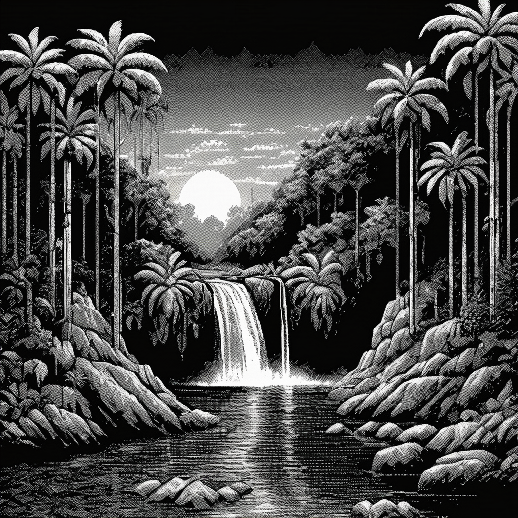 02998-1972693205-_lora_Macpaint-XL-000015_1_, Macpaint, a black and white pixel image of a highly detailed jungle landscape with rocks and a wate.png